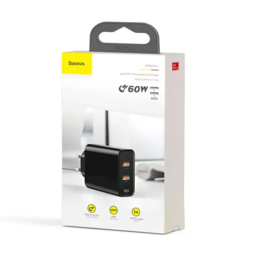Baseus Speed PPS CCFS-G01 Travel Charger 2 x USB | USB-C | 60W | 5A | Quick Charge 3.0 | Black