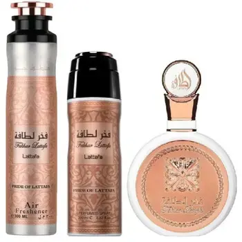 Lattafa Perfumes Fakhar Rose Dárková sada EDP 100 ml, deospray 200 ml a bytová vůně 300 ml 100ml