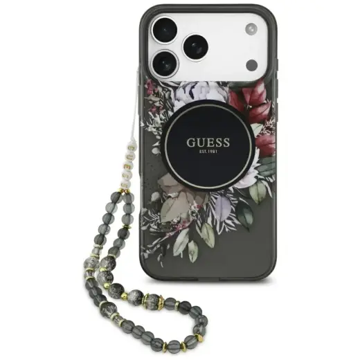 Guess IML Flowers Pearl Strap MagSafe case for iPhone 17 Pro Max black