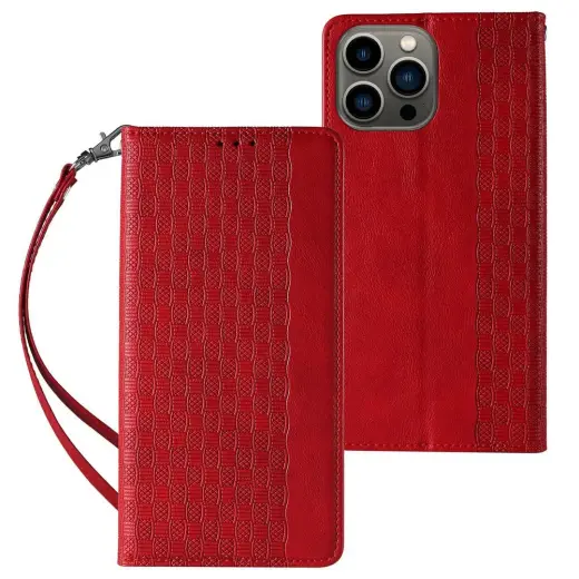 Magnet Strap knyginio tipo telefono dėklas su stovu iPhone 14 Pro Max raudonas
