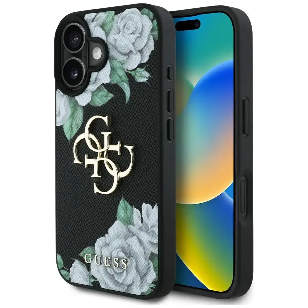 Guess Grained Roses Big 4G logo telefona maciņš iPhone 16 melns