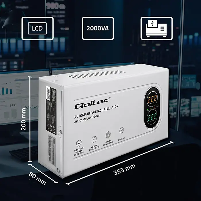 Qoltec Automatic Voltage Stabilizer AVR 2000VA | 1200W | Compact | Toroidal transformer
