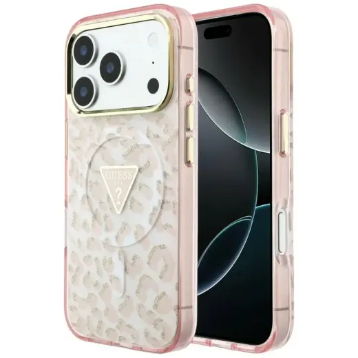 Case Guess IML Leopard Glitter Triangle  Logo MagSafe for iPhone 18 Pro / iPhone 17 Pro pink