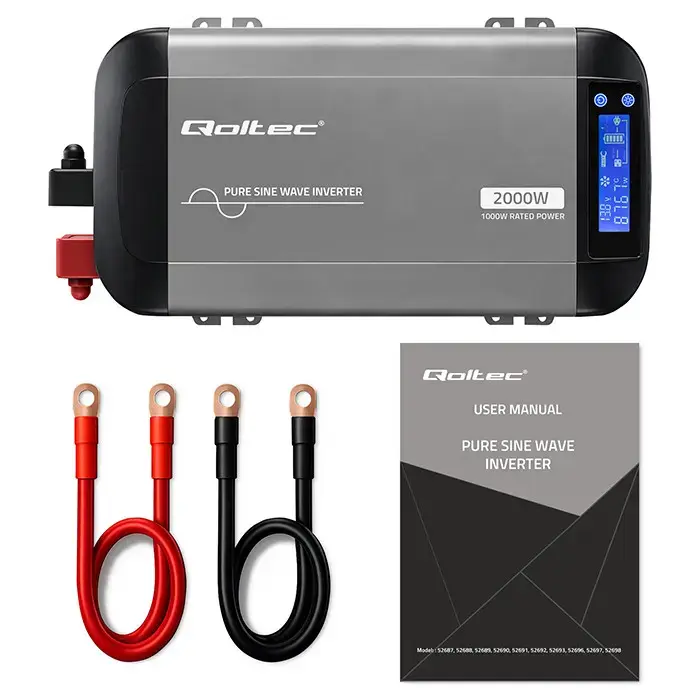 Qoltec Pure Sine Wave Inverter | 12V to 230V | 1000/2000W | LCD | USB | USC-C | Compatible with LiFePO4 GEL AGM