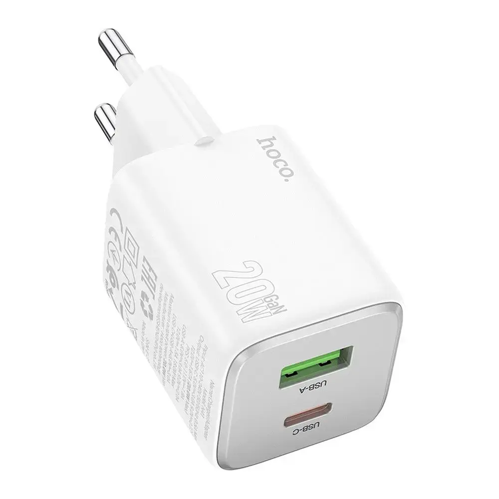HOCO N41 tīkla lādētājs | 20W | PD, QC, GaN, PPS | USB-C, USB-A | balts