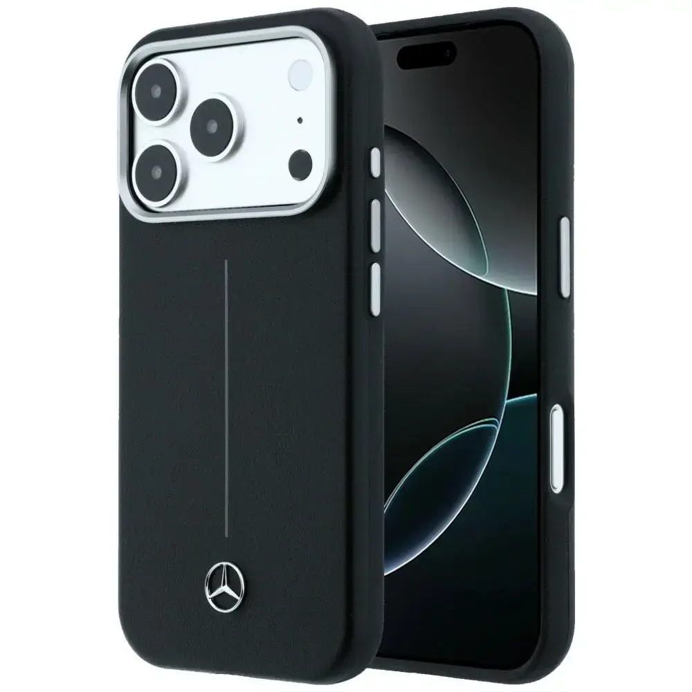 Mercedes Leather Semi Wrap Iconic Line maciņš ar MagSafe atbalstu telefonam iPhone 17 Pro Max melns