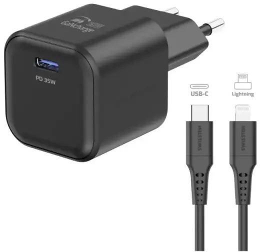 Swissten GaN USB-C 35W PD travel charger | 35W | GaN, PD | USB-C, Lightning | with USB-C to Lightning cable