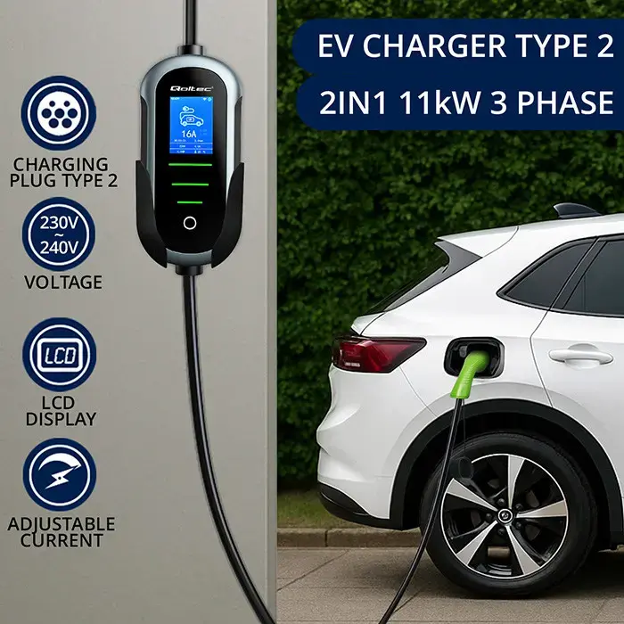 Qoltec Mobile EV Electric Car Charger with 2-in-1 Type 2 Adjustment | 11kW | 400V | CEE 32A | Wifi | TUYA | SMART LIFE | LCD | Portable | 5m