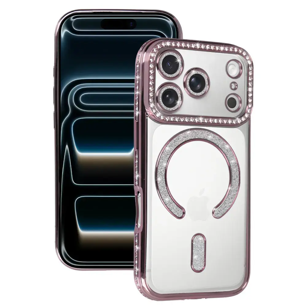 Bling maciņš ar MagSafe atbalstu telefonam iPhone 17 Pro rozā