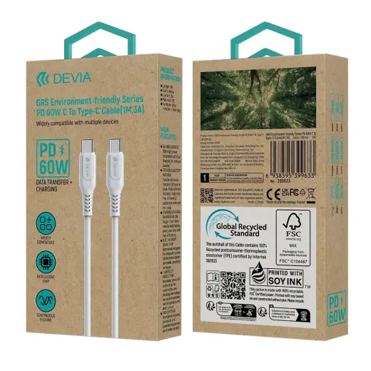 Devia GRS EC636 datu pārraides un uzlādes vads | USB-C uz USB-C | 60W | 1m | balts