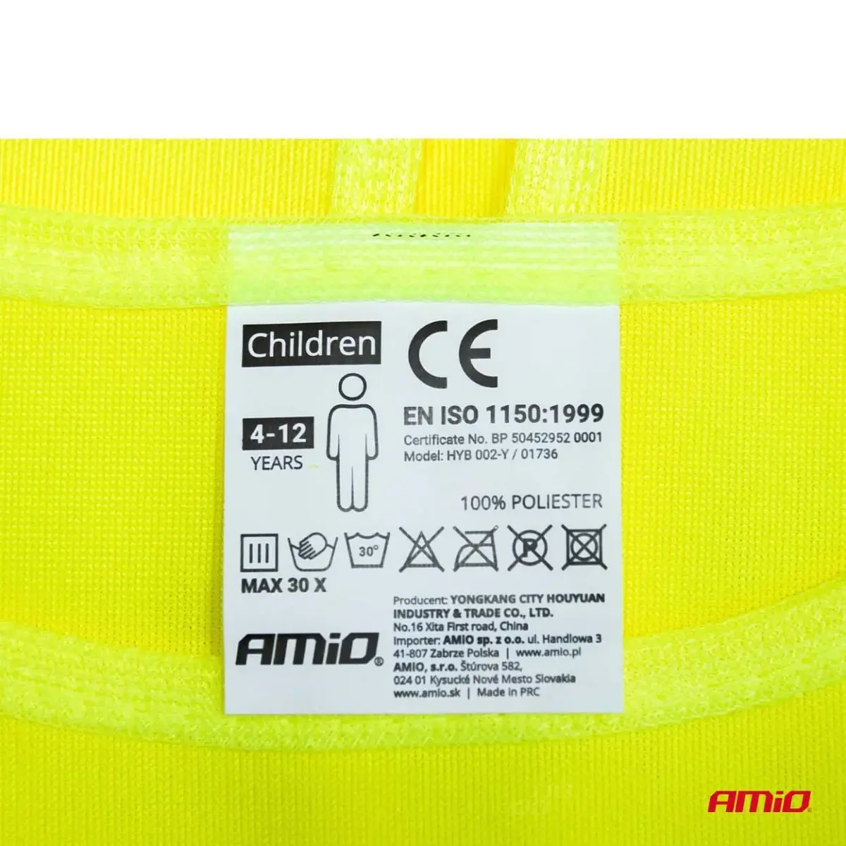Safety vest for kids yellow with certificate AMIO-01736