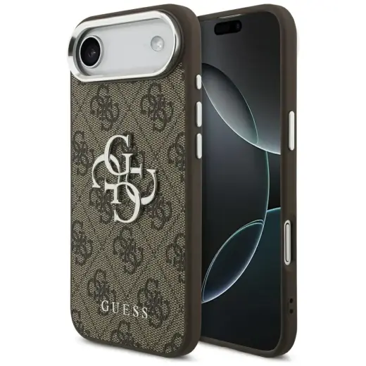 Guess 4G Big 4G Classic Logo maciņš telefonam iPhone 17 Air brūns sudraba krāsā