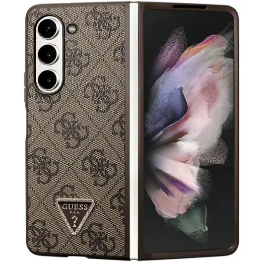 Guess GUHCZFD5P4TDPW Triangle Strass nahast telefoni ümbris Samsung Galaxy Z Fold 5 pruun