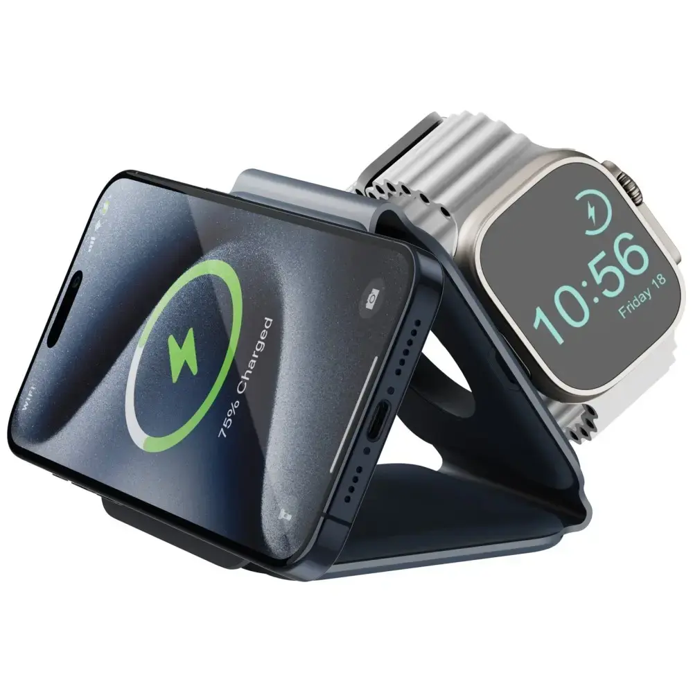 ENERGEA Bazic GoMag Trio Plus 3-in-1 bezvadu lādētājs | Qi | Saderīgs ar MagSafe | 15W | zils