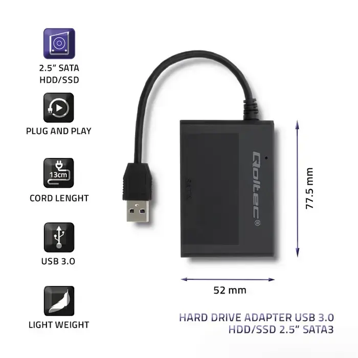 Qoltec 50644 cietā diska adapteris | USB 3.0 uz SATA3 2,5 collas | HDD | SSD | Melns