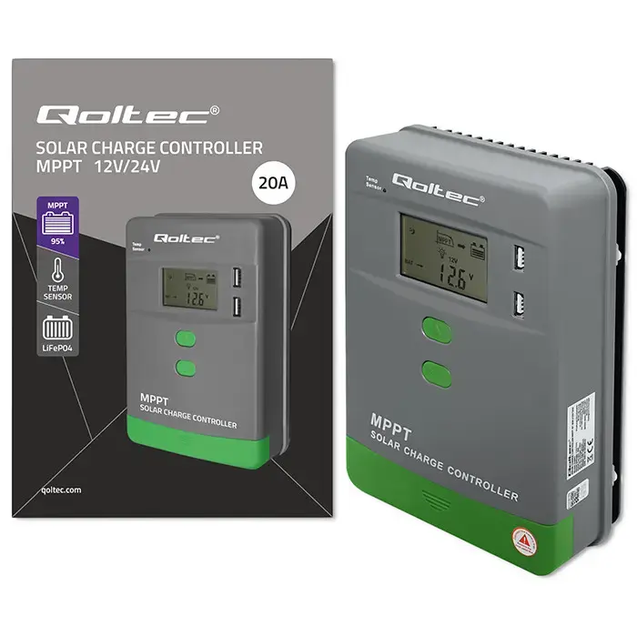 Qoltec Solar Charge Controller MPPT with Temperature Sensor 20A | 12V / 24V | LCD | 2 x USB | GEL | LiFePO4