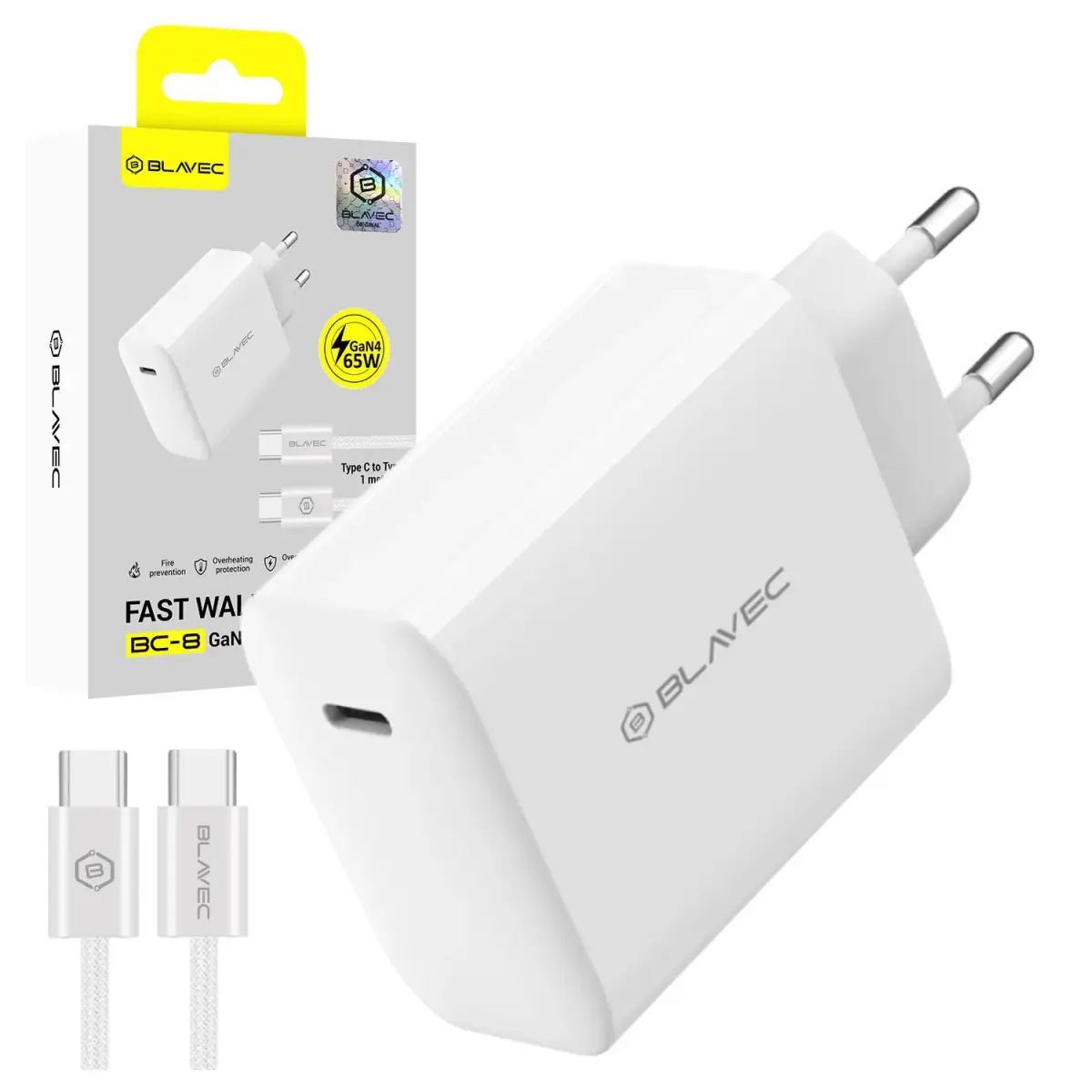 Blavec BC-8 tīkla lādētājs | 65W | PD, QC, GaN | USB-C | ar USB-C uz USB-C vadu komplektā | balts