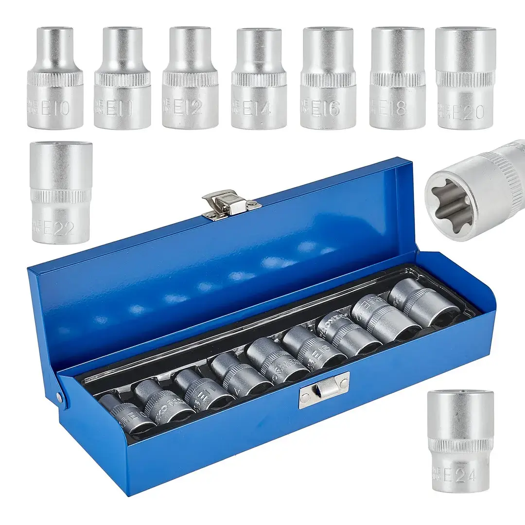 TORX padrunite komplekt E10-E24 CrV 1/2", 9 tk, metallkarbis