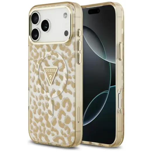 Guess IML Leopard Glitter Triangle Logo phone case with MagSafe support for iPhone 18 Pro | iPhone 17 Pro brown