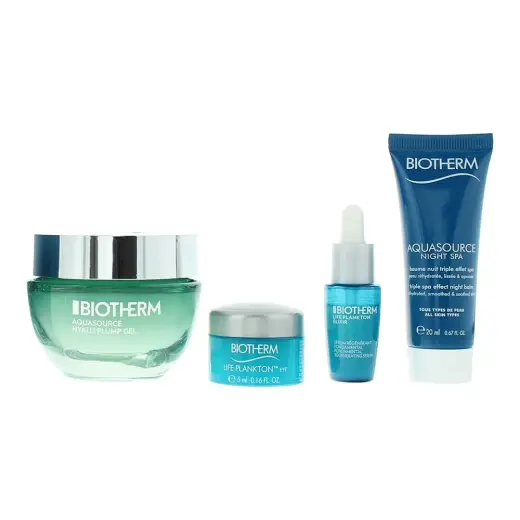 Set Biotherm: Aquasource Night Spa, Hydrating, Night, Balm, For Face, 20 ml + Aquasource Hyalu, Hyaluronic Acid, Hydrating, Plumping, Day, Gel, For Face, 50 ml + Life Plankton, Anti-Ageing, Morning & Evening, Eye Cream, 5 ml + Life Plankton Elixir, Regenerating, Day & Night, Serum, For Face, 5 ml