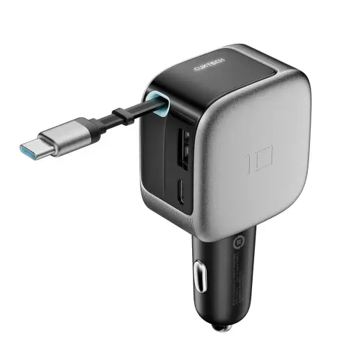 Зарядка для автомобиля Cuktech CC903P | 100W | USB-C, USB-A | со встроенным выдвижным кабелем USB-C (70 см) | серая