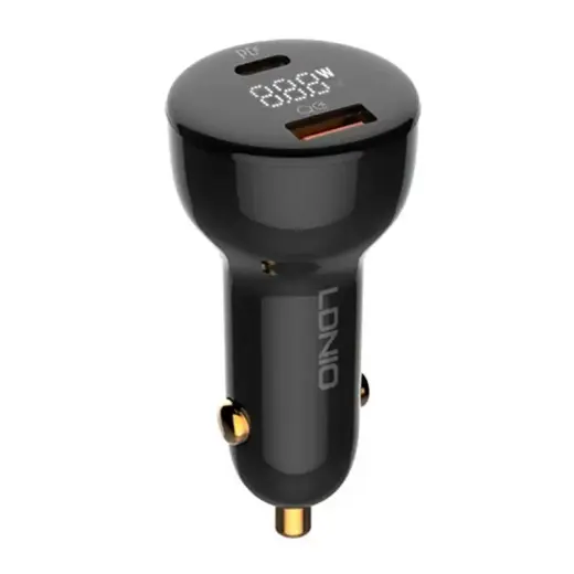LDNIO C101 car charger | 100W | PD, QC, PPS | USB-C, USB-A, Lightning | with USB-C to Lightning cable included | with LED display | with LCD display | black