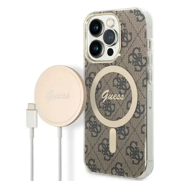 Guess 4G MagSafe Compatible Case + Wireless Charger for iPhone 14 Pro Max Brown