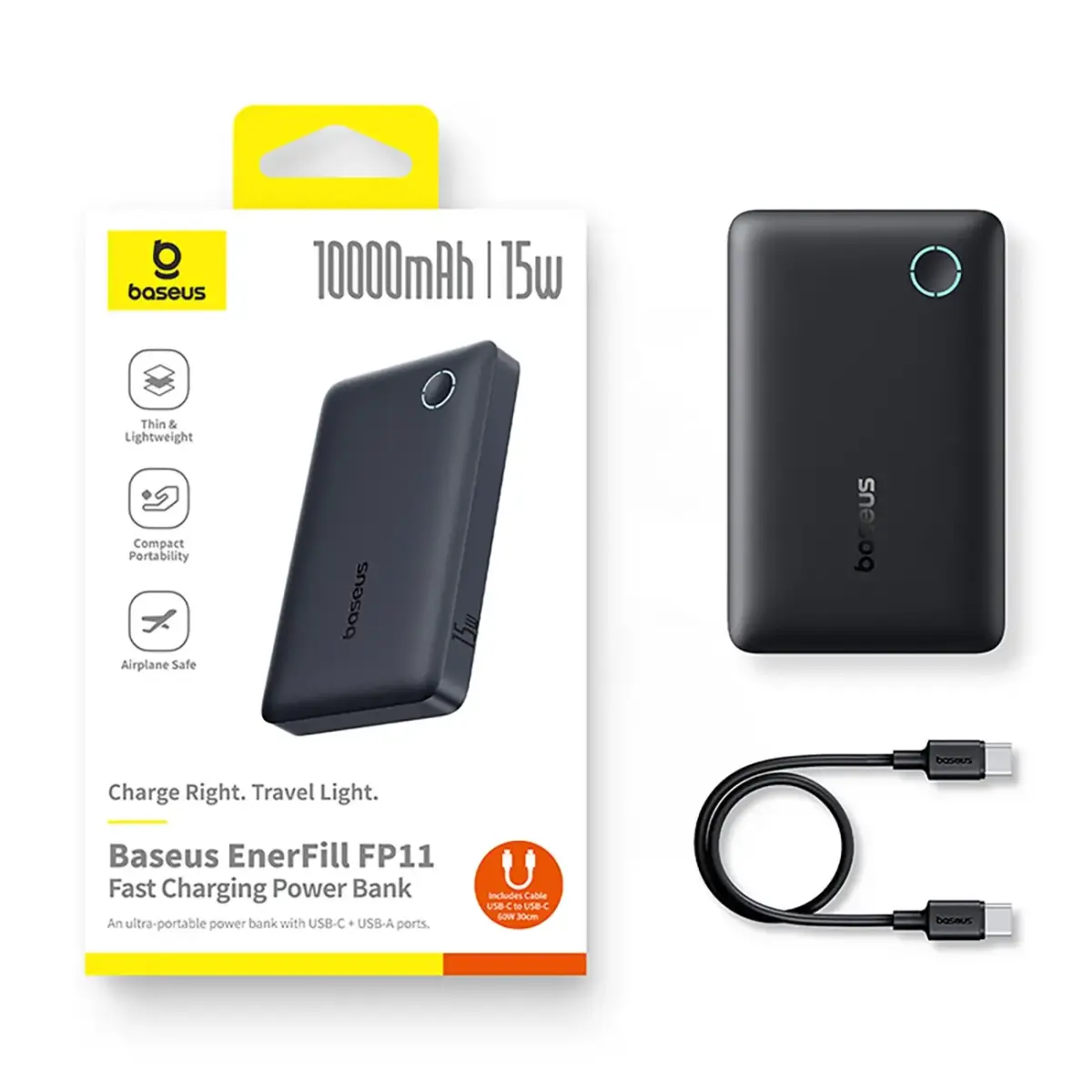 Baseus EnerFill FP11 Power Bank 10000mAh 15W (with black Simple USB-C - USB-C 20V/3A 30cm cable) - black