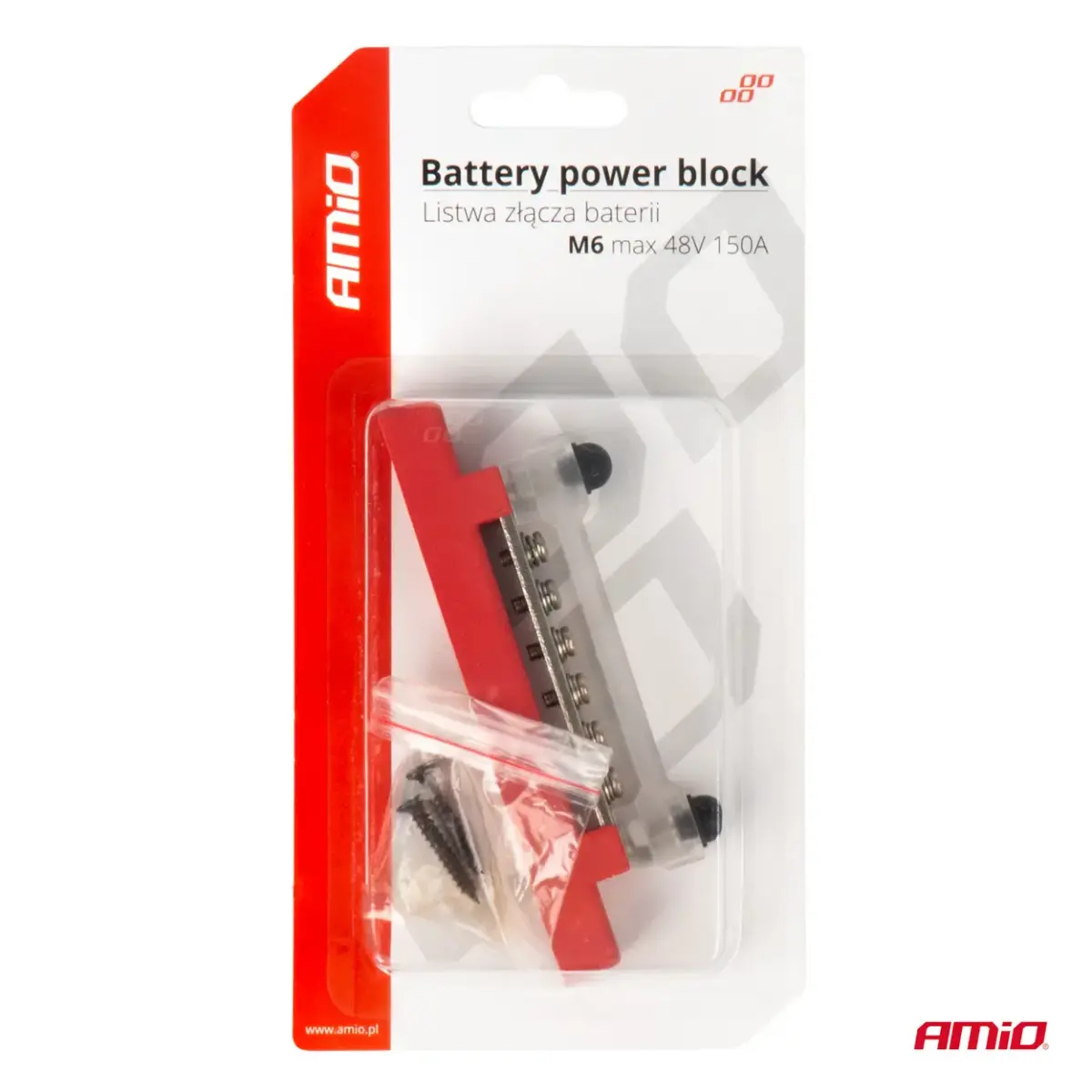 Ground distribution block plus bus bar M6 12V - 48V 150A AMIO-03810