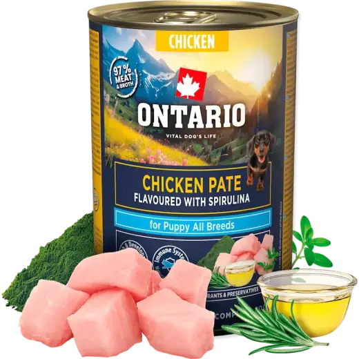 Konservi kucēniem - Ontario Puppy chicken pate with spirulina flavor 400g