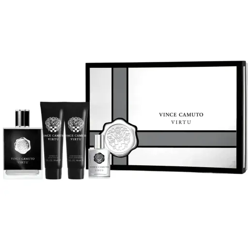 Set Vince Camuto: Virtu, Eau De Toilette, For Men, 100 ml + Virtu, Eau De Toilette, For Men, 15 ml + Virtu, Moisturizing, After-Shave Balm, 90 ml + Virtu, Shower Gel, Body, 90 ml