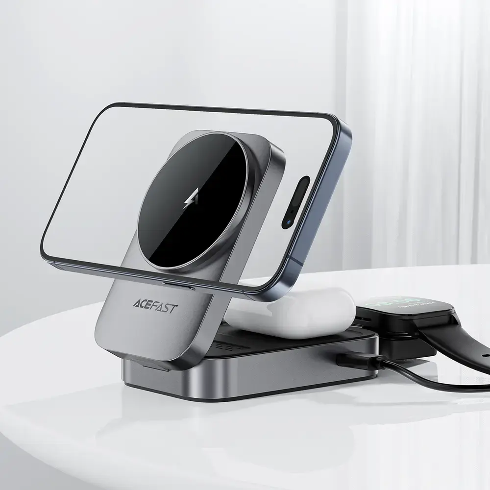 Acefast E22 3-in-1 bezvadu lādētājs | Qi | Saderīgs ar MagSafe | 15W | pelēks