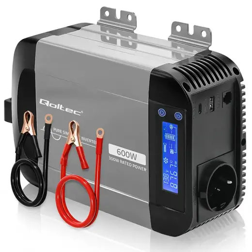 Qoltec Pure Sine Wave Inverter | 12V to 230V | 300/600W | LCD | USB | USC-C | Compatible with LiFePO4 GEL AGM