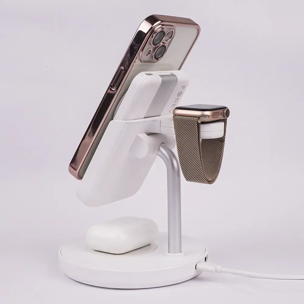 Forever MACS-100 3-in-1 bezvadu lādētājs | Qi | Saderīgs ar MagSafe | balts