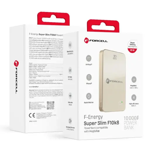 Forcell F-Energy SuperSlim F10K8 ārējais akumulators (powerbank) | 10 000 mAh | 15W | PD, QC | USB-C, MagSafe | pelēks