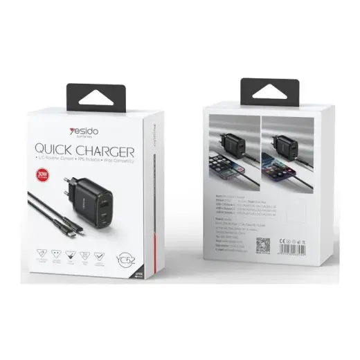 YESIDO WALL CHARGER YC52 PD 30W QC USB-A/C/LIGHTNING + TYPE-C/LIGHTNING CABLE 27W 1M BLACK