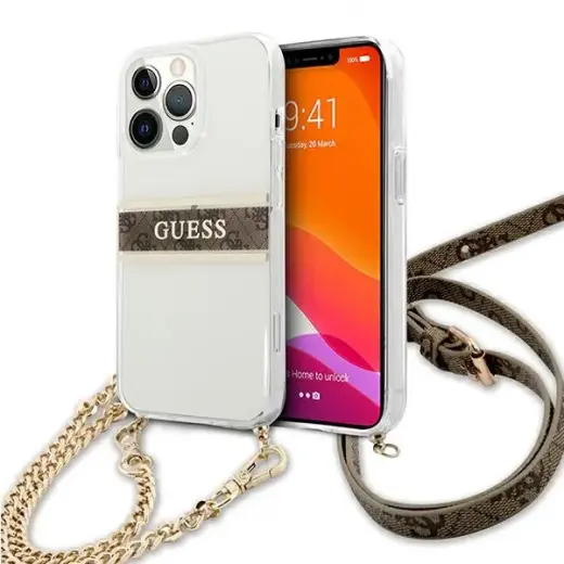 Guess GUHCP13XKC4GBGO iPhone 13 Pro Max 6,7" Transparent hardcase 4G Brown Strap Gold Chain