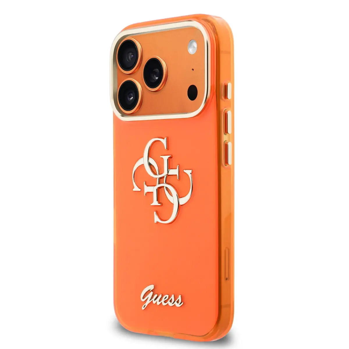 Guess IML 4G Script Metal Logo maciņš telefonam iPhone 17 Pro Max oranžs