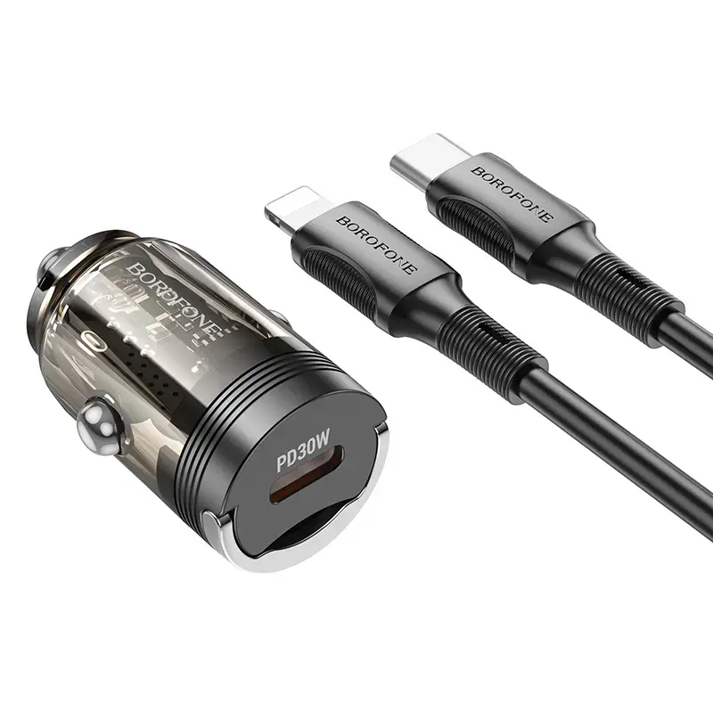 Borofone BZ29 Ray car charger | 30W | PD, QC | USB-C, Lightning | with Type-C to Lightning cable included | transparent-black