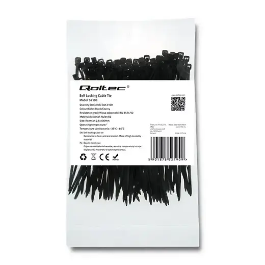 Qoltec Self-locking cable tie | 2.5*100mm | 100 pcs. | Nylon66 | UV | Black