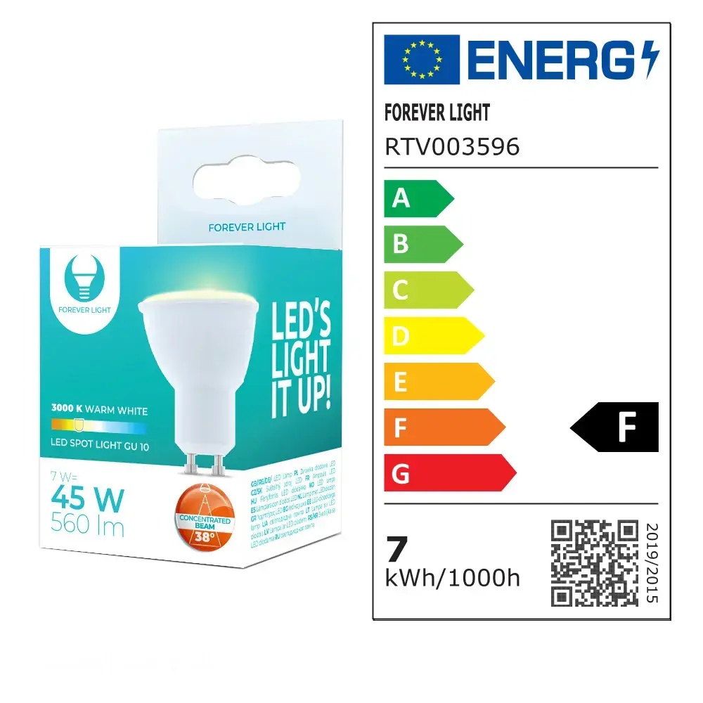 Forever Light LED spuldze GU10 7W 230V 3000K 560lm 38°