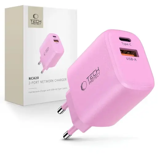Tech-Protect NCA20 tīkla lādētājs | 20W | PD, QC | USB-A, USB-C | rozā