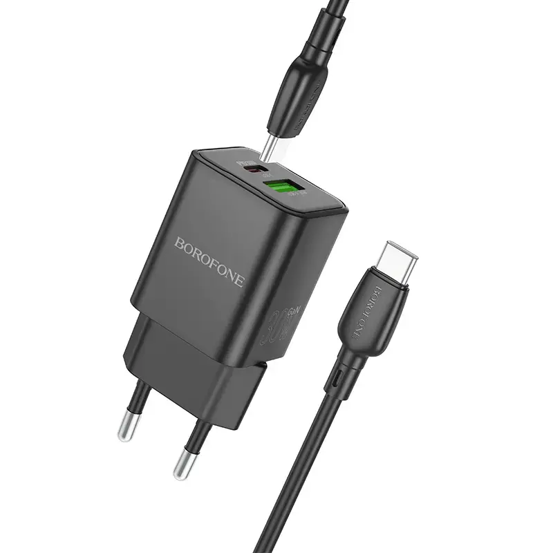 Borofone BN14 travel charger | 30W | QC3.0, PD | USB-A, USB-C | with USB-C to USB-C cable included | black