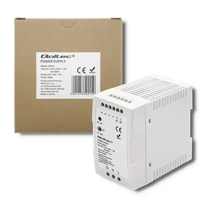 Qoltec DIN rail power supply | 96W | 24V | 4A | White | Slim