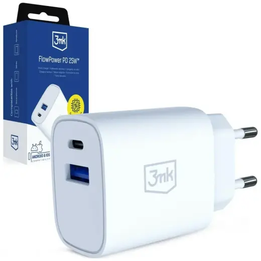 3MK FlowPower tīkla lādētājs | 25W | PD, QC | USB-A, USB-C | balts