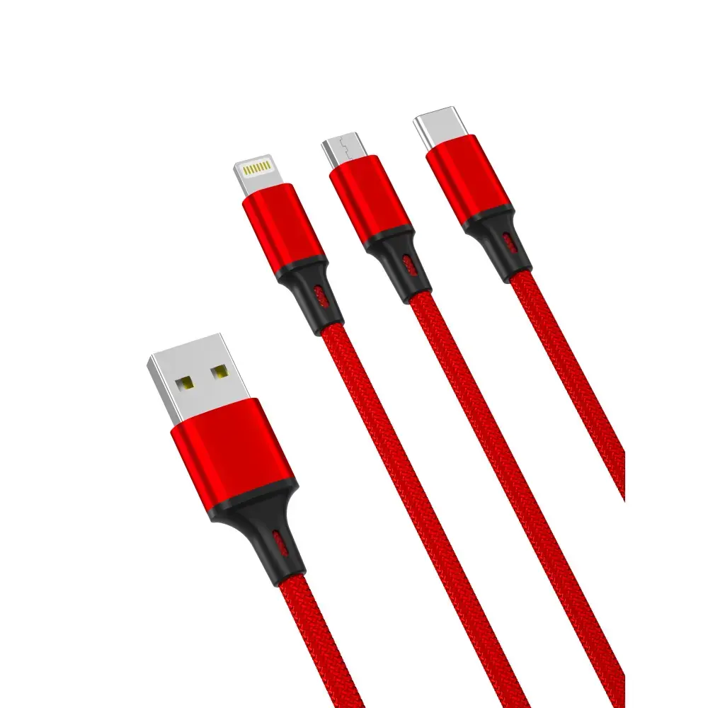 XO NB173 3-in-1 datu pārraides un uzlādes vads | USB-A uz Lightning, USB-C, Micro USB | 12W | 1.2m | sarkans