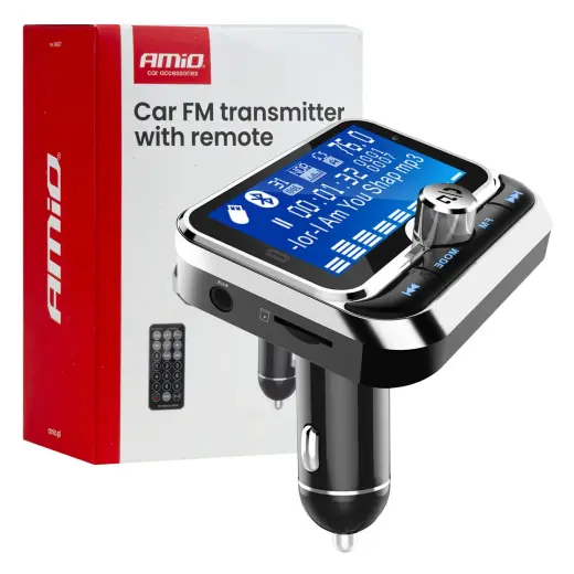 Car FM transmitterwith remote 2×USB-A 12V 24VAMIO-04657