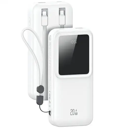 USAMS Powerbank with built-in USB-C+Lightning cables 30000 mAh 20W PD+Qc 3.0 Fast Charge X-chel Series white 30KCD21302 (US-CD213)