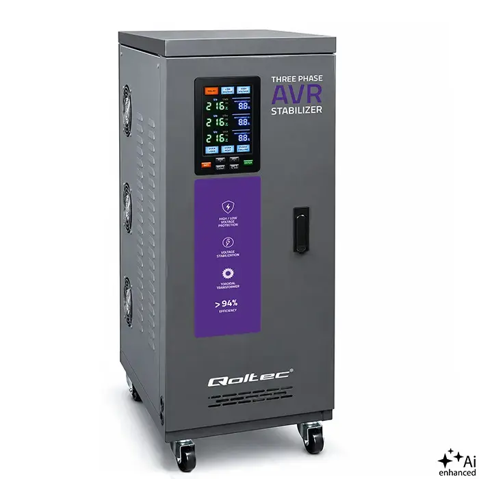 Qoltec Three-phase AVR MULTIPROTECTION voltage stabiliser | 20kVA | Accuracy ± 3% | 3-phase servo motor | LCD