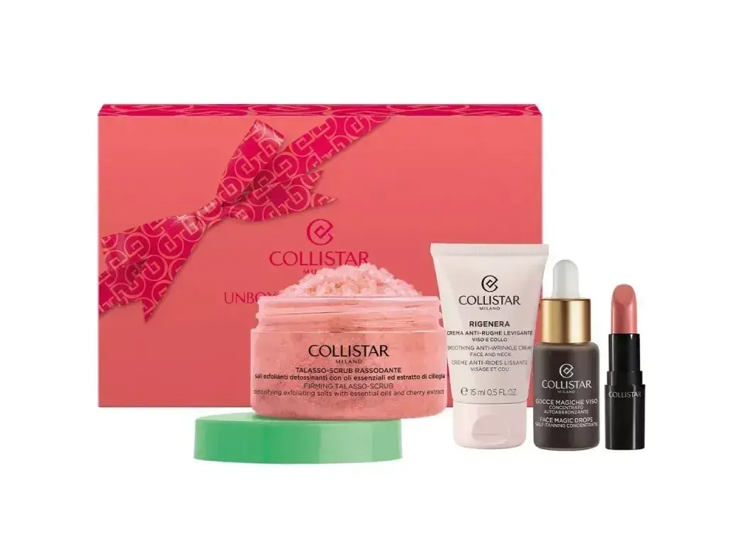 Set Collistar Unbox Your Uniqueness Mini Lipstic 102 + Magic Drops 10ml + Regenera Cream 15ml + Firming Body Scrub 70g